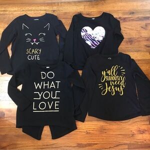 Girls Sweaters Blouse Tops Shirts Set of 4
Black w/ Graphics 
Size Medium
Cotton